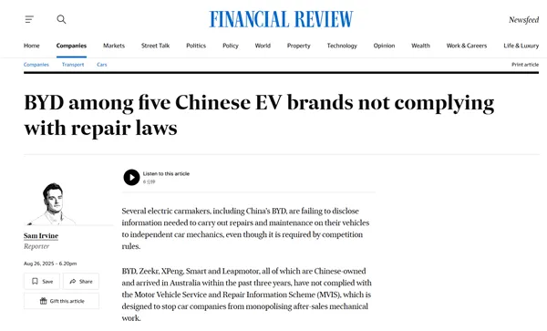 开云-最高1000万澳元处罚!中国车企在澳洲因维修权被警告