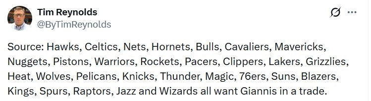 开云体育入口-超级香饽饽！美记：联盟所有其余29支球队都想要交易得到字母哥